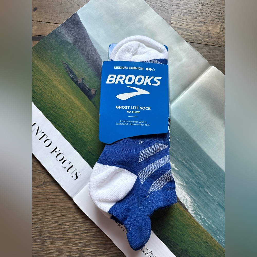 New Brooks Ghost Lite No-Show Running Socks In Blue/White 2-Pack Size L